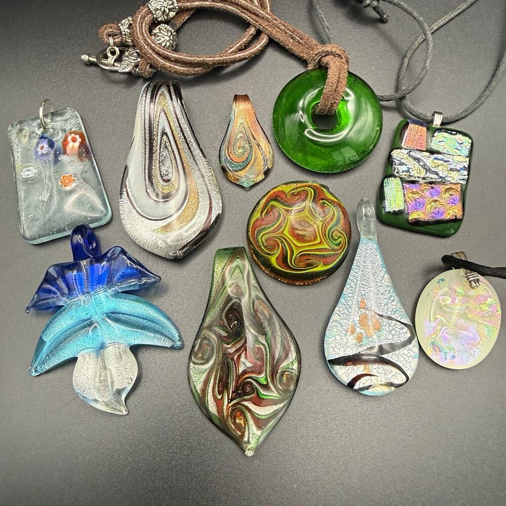 Vintage Art Glass Pendant Lot 10pc Dichroic Fused Lampwork Murano Style Mix